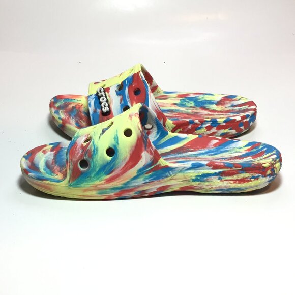 Crocs Iconic Comfort Classic Red/Yellow Marbled Slide Sandals Women's Size 8 - Picture 4 of 11